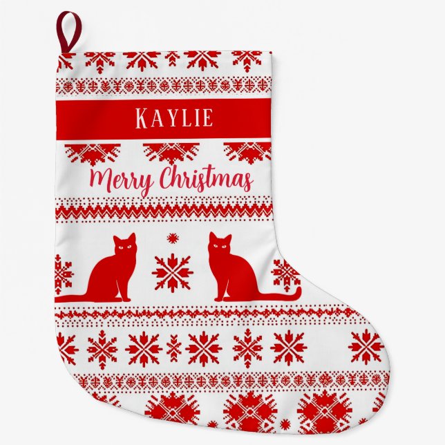 Red Nordic Cat Pattern Christmas Stor Julstrumpa (Framsidan)