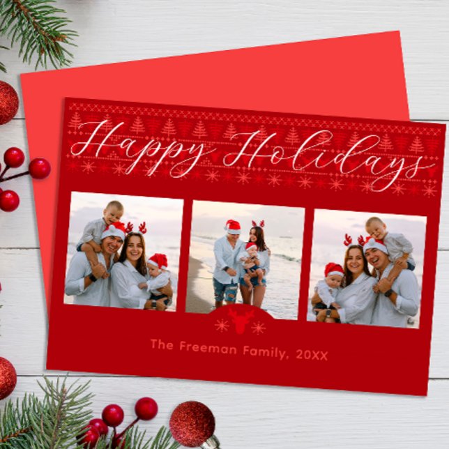 Red Nordic Glad helg Card med tre foton Julkort (Happy Holidays Family Photo Christmas Card)
