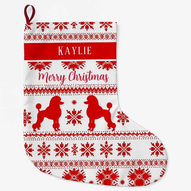 Red Nordic Poodle Dog Christmas Stor Julstrumpa (Framsidan)