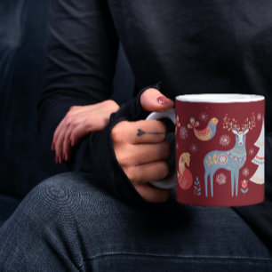 Red Nordic Reindeer Julgran Blommigt Helgdag Kaffemugg