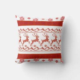 Red Nordic Reindeer Knit Pattern Christmas Pillow Kudde