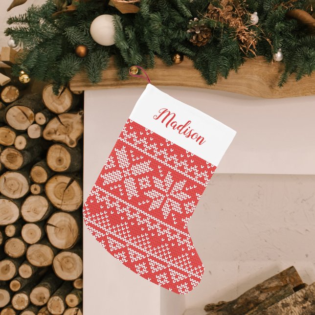 Red Nordic Snowflake Sweater Mönster Personlig Liten Julstrumpa (Skapare uppladdad)