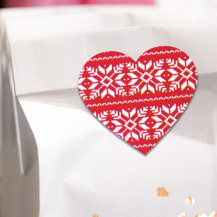 Red Nordic Snowflake Ugly jul Sweater Party Hjärtformat Klistermärke