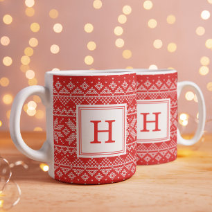 Red Nordic Sweater Mönster Monogram Helgdag Kaffemugg