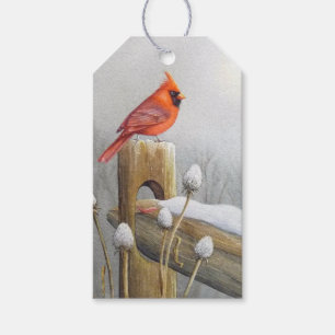 Red Northern Kardinal Bird on Fence Watercolor Art Presentetikett