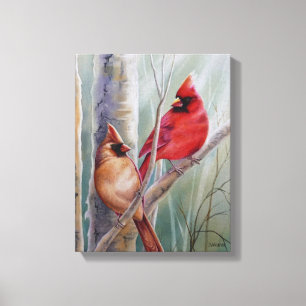 Red Northern Kardinal Bird Pair Watercolor Art Canvastryck