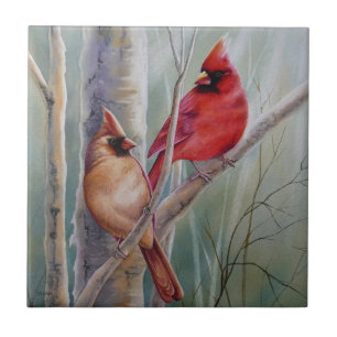 Red Northern Kardinal Bird Pair Watercolor Art Kakelplatta