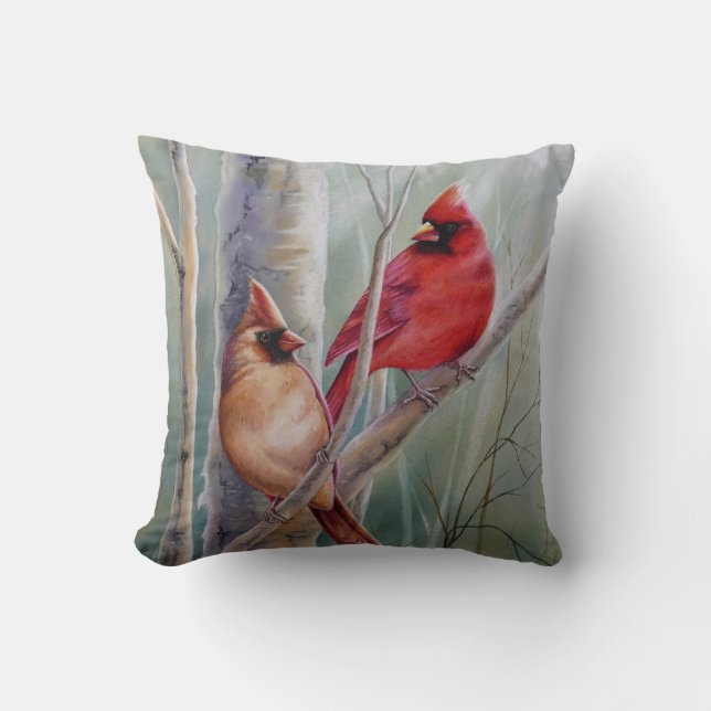 "Red Northern Kardinal Bird Pair Watercolor Art Kudde (Framsida)