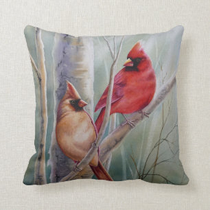 "Red Northern Kardinal Bird Pair Watercolor Art Kudde