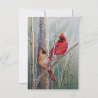 Red Northern Kardinal Bird Pair Watercolor Art Tack Kort