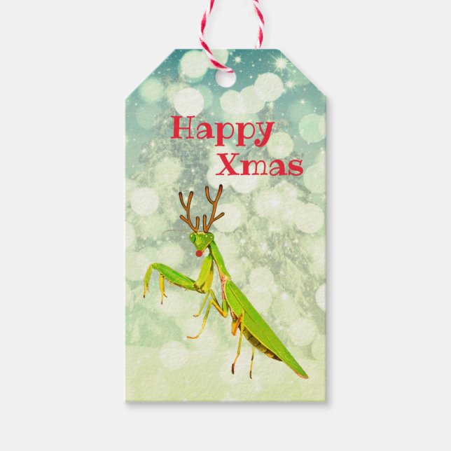 Red Nose Praying Mantis Konstig jul Presentetikett (Framsidan)