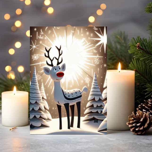 Red Nose Reindeer Helgkort (Christmas Card – Red-Nosed Reindeer in Snowy Forest)