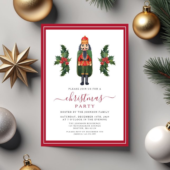Red Nutcracker-jul Party Inbjudningar (Elegant Red Nutcracker Christmas Party Invitation)