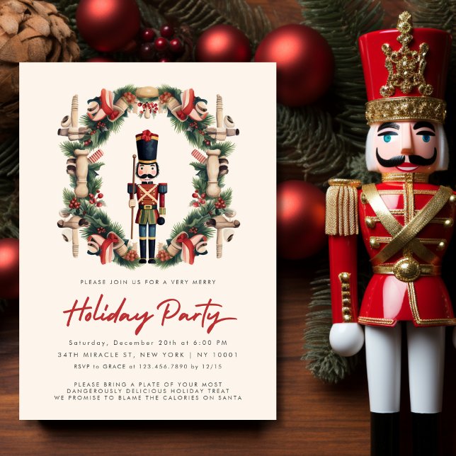 Red Nutcracker Wandejul Party Inbjudningar (Red Nutcracker Wreath Christmas Party Invitation)