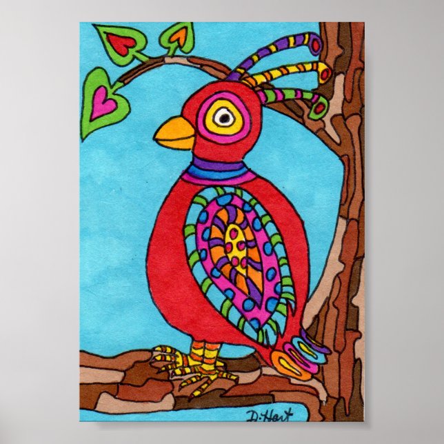 Red Oaxacan Bird Mini Mexikansk folkart Poster (Framsidan)