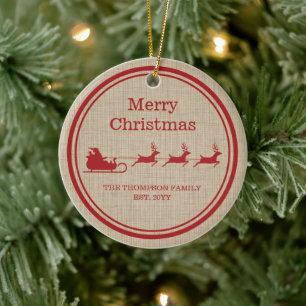 Red och Beige Santa Sleigh, jul och familj Namn Julgransprydnad Keramik