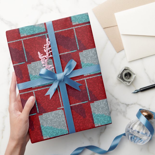 Red och Beige Sticka Knitting Helgdag Wrapping Pap Presentpapper (Gifting)