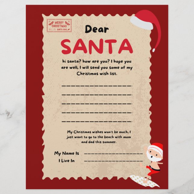 Red och Brown Cute Santa Brev. Reklamblad (Framsidan)