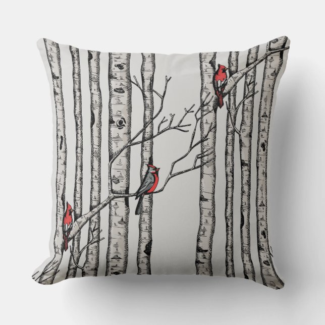 Red och Grått Birch Träd och Red Kardinal Birds Kudde (Framsida)