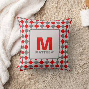 Red och Grått Boys Diamond Mönster Monogrammed Kudde