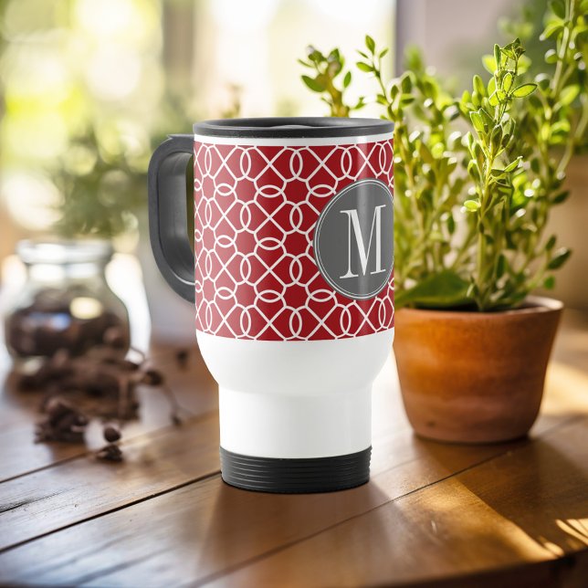 Red och Grått Geometric Mönster Monogram Resemugg (Personalized travel mug - add photos and text or customize completely)