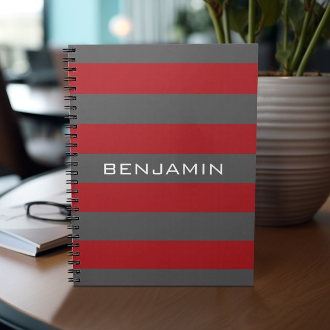 Red och Grått Rugby Rand med eget namn Anteckningsbok Med Spiral (Personalized notebook with custom text - add your name and other options)