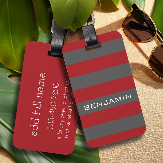 Red och Grått Rugby Rand med eget namn Bagagebricka (Personalized luggage tag - Modern Stripe Pattern with custom text)