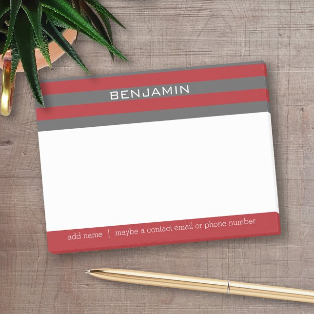 Red och Grått Rugby Rand med eget namn Post-it Block (Personalized Post-It Notes - add name or other text)