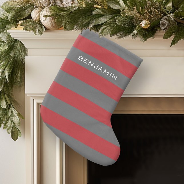 Red och Grått Rugby Rand med eget namn Stor Julstrumpa (Personalized Christmas Stocking)