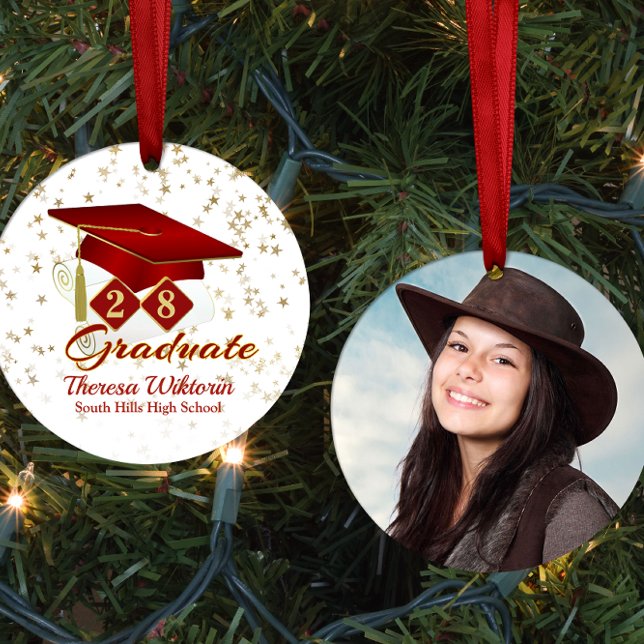 Red och Guld 20xx Student Photo Julgransprydnad Keramik (Red and Gold Graduate Photo Ceramic Ornament)