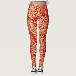 Red och Guld Boho Mandala Mönster Yoga Leggings