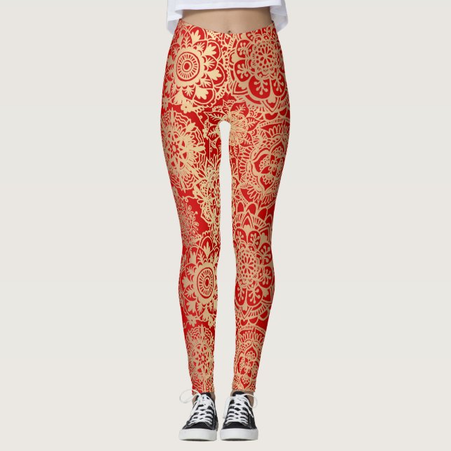 Red och Guld Boho Mandala Mönster Yoga Leggings (Framsida)