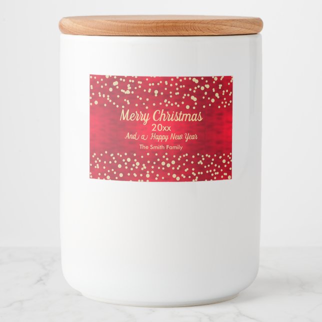 Red och Guld Confetti jul Mönster Mat Etiketter (Framsida)