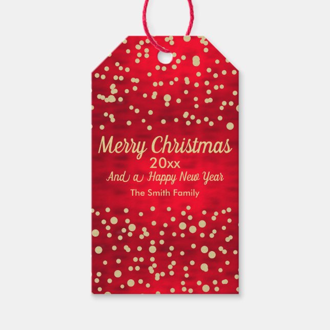 Red och Guld Confetti jul Mönster Presentetikett (Framsidan)