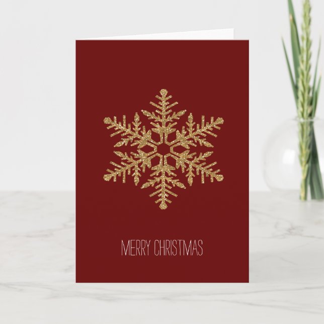 Red och Guld Faux Glitter Snowflake Helgkort (Framsida)