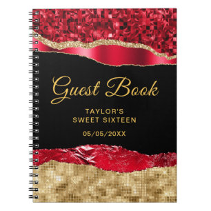 Red och Guld Glam Tårar Sweet sixteen Guest Bok Anteckningsbok