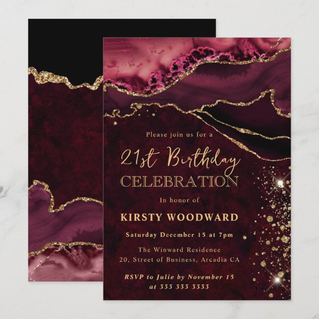 Red och Guld Glitter Agate Birthday Inbjudningar (Fram/baksida)