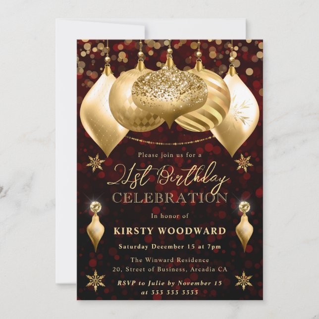 Red och Guld Glitter Baubles 21:a födelsedagen Inbjudningar (Framsida)
