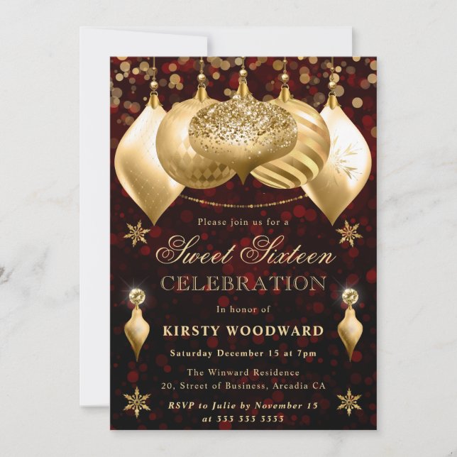 Red och Guld Glitter Baubles Sweet sixteen Inbjudningar (Framsida)