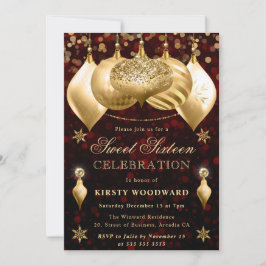 Red och Guld Glitter Baubles Sweet sixteen Inbjudningar