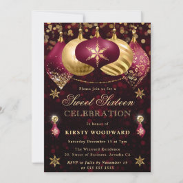 Red och Guld Glitter Baubles Sweet sixteen Inbjudningar