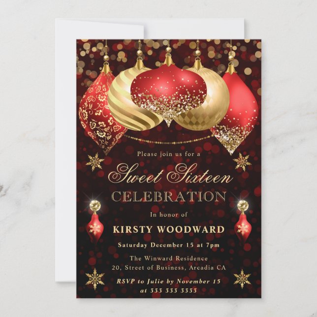 Red och Guld Glitter Baubles Sweet sixteen Inbjudningar (Framsida)