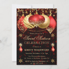 Red och Guld Glitter Baubles Sweet sixteen Inbjudningar
