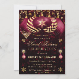 Red och Guld Glitter Baubles Sweet sixteen Inbjudningar