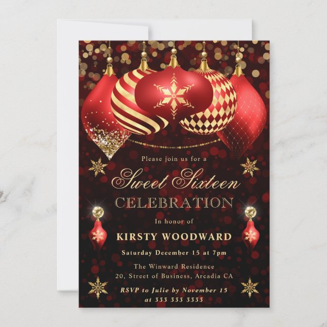 Red och Guld Glitter Baubles Sweet sixteen Inbjudningar (Framsida)