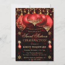 Red och Guld Glitter Baubles Sweet sixteen