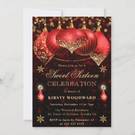 Red och Guld Glitter Baubles Sweet sixteen Inbjudningar