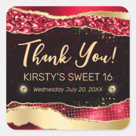 Red och Guld Glitter Glam Tårar Sweet sixteen Fyrkantigt Klistermärke