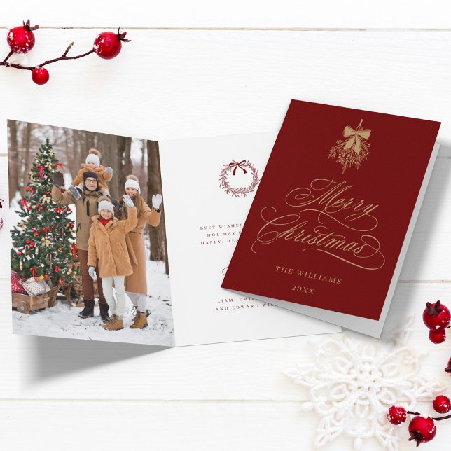 Red och Guld Holly Berry Bouquet julfoto Helgkort (Front & Inside)
