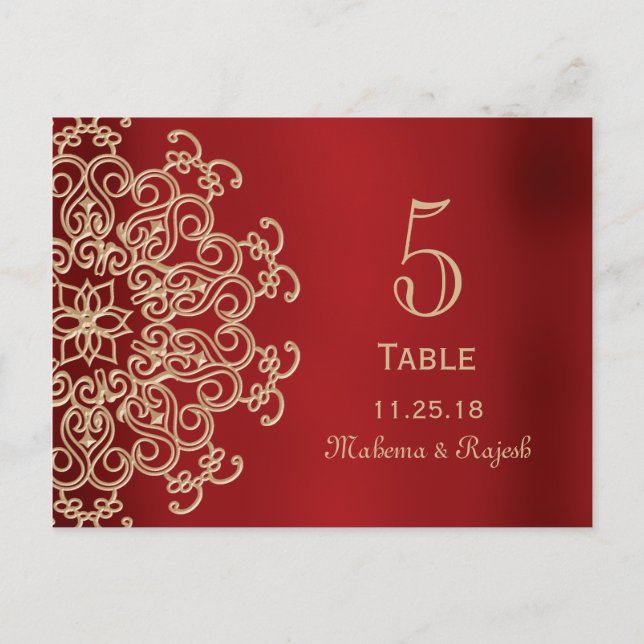 RED OCH GULD INDIAN BRÖLLOP BORDSNUMMER CARD (Framsida)